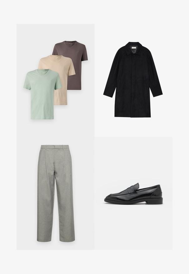 Black coat made from soft, textured fabric. Features a collar, raglan sleeves, side pockets, and a front button closure.; Three v-neck t-shirts in muted colors: green, beige, and brown. Short sleeves, soft fabric, and a small logo on the chest of each.; Gray tailored trousers made of textured fabric, featuring a straight-leg design, front pleats, and a standard waistband with belt loops.; Black leather loafers with a smooth finish, featuring a rounded toe and a narrow band across the upper. Low stacked heel.
