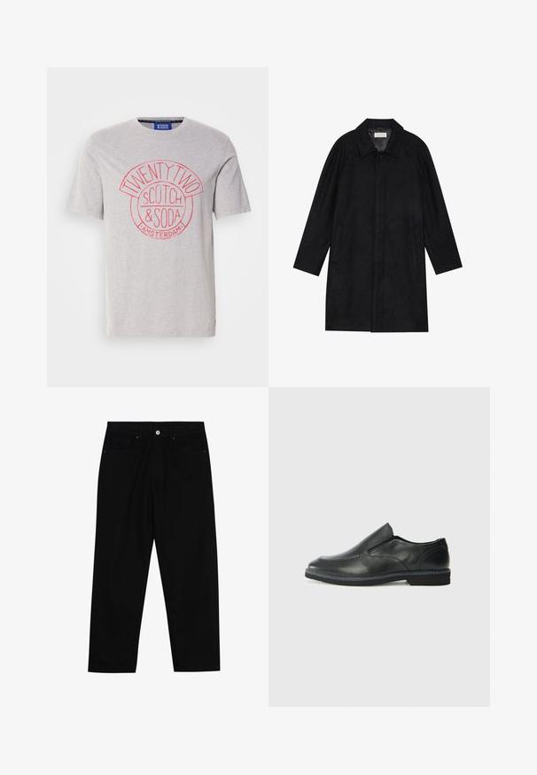 Czarny płaszcz wykonany z miękkiego, teksturowanego materiału. Posiada kołnierz, rękawy raglanowe, boczne kieszenie oraz zapięcie na guziki z przodu.; Szara bawełniana koszulka z okrągłym, czerwonym nadrukiem graficznym zawierającym teksty "TWENTY TWO", "SCOTCH & SODA" oraz "AMSTERDAM". Krótkie rękawy, standardowy krój.; Czarne spodnie dżinsowe w klasycznym kroju prostym, z pięcioma kieszeniami i zapięciem na guzik z przodu. Gładka tekstura z minimalnymi detalami szwy.; Czarne skórzane buty wsuwane z gładką cholewką, przeszyciami, okrągłym noskiem i niskim gumowym obcasem. Podeszwa ma minimalny bieżnik.