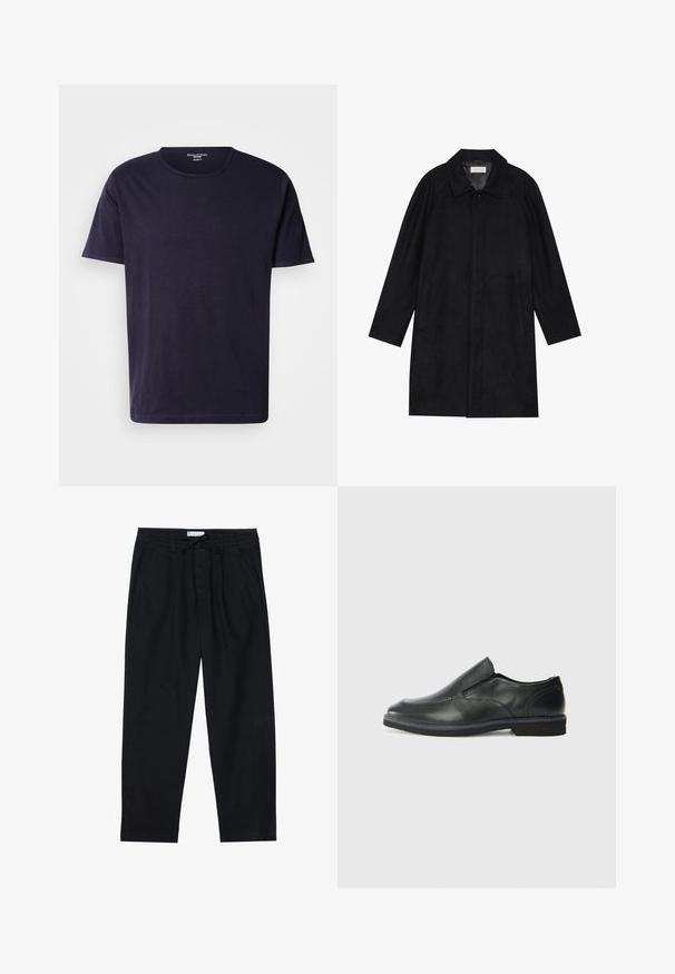 Casaco preto feito de um tecido macio e texturado. Apresenta um colarinho, mangas raglan, bolsos laterais e um fecho frontal com botões.; T-shirt azul escuro feito de tecido suave, com decote redondo e mangas curtas. Textura lisa com um design simples e clássico.; Pier One Chinos - black; Sapato slip-on preto em pele com um upper liso, acabamentos cosidos, bico arredondado e um salto de borracha baixo. A sola apresenta um padrão de aderência mínimo.