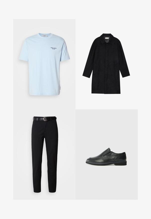Sort frakke lavet af blød, struktureret stof. Har en krave, raglanærmer, sidelommer og en frontknaplukning.; Lyseblå bomulds t-shirt med rund halsudskæring, der har korte ærmer og et lille mørkt tryk, der siger "MARC O’POLO DENIM" på brystet.; Sorte bukser med lige snit, der har en glat tekstur og et sort læderbælte med en sølvspænde. Enkel design, ingen mønstre eller accenter.; Sorte læder slip-on sko med en glat overdel, syede detaljer, rund tå og en lav gummihæl. Sålen har minimal profil.