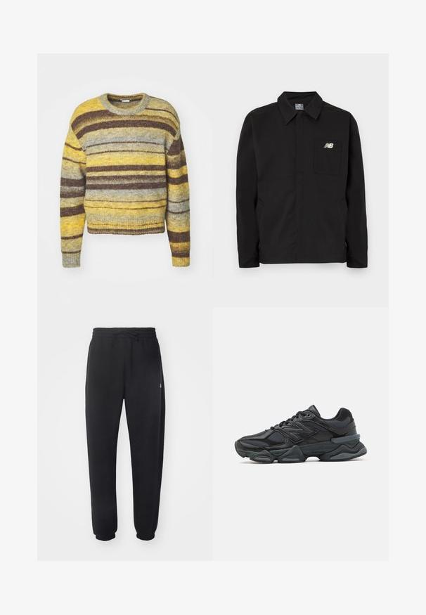 Chaqueta de nailon negra con diseño de cuello, que cuenta con un bolsillo en el pecho y el logo de New Balance. Textura suave y corte recto.; Suéter a rayas con escote redondo, que presenta tonos de amarillo, gris y marrón. Confeccionado en un tejido de punto texturizado, con mangas largas.; Pantalones de chándal negros hechos de un material suave, con una cintura elástica, cordón y puños acampanados, con un sutil logotipo en el lateral.; Zapatilla de running negra que presenta una combinación de malla y materiales sintéticos, suela gruesa, diseño curvado y una marca prominente en el costado.