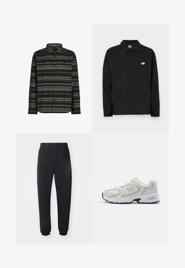 Schwarze Nylonjacke mit Kragen-Design, ausgestattet mit einer Brusttasche und dem New Balance-Logo. Glatte Textur und gerader Schnitt.; Schwarzes Langarmhemd mit horizontalen grauen Streifen, durchgehender Knopfleiste und zwei Brusttaschen. Hergestellt aus einem weichen Stoff mit strukturierter Oberfläche.; Weißes T-Shirt mit kurzen Ärmeln und Rundhalsausschnitt, mit kleinem schwarzen New Balance-Logo auf der linken Brust vor einem einfarbigen Hintergrund.; Schwarze Sweatpants aus weichem Material mit elastischem Bund, Kordelzug und schmal zulaufenden Bündchen, die auf der Seite ein dezentes Logo zeigen.; Sportlicher Schuh mit einem hellgrauen Mesh-Obermaterial und Wildlederakzenten, weißen Schnürsenkeln und einer schwarzen Gummisohle. Auffälliges ABZORB-Dämpfungselement.