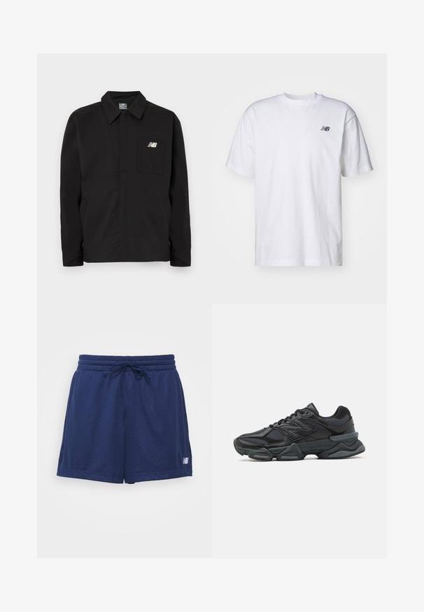 Svart nylonjakke med krage-design, som har brystlomme og New Balance-logo. Glatt tekstur og rett kutt.; Hvit kortermet T-skjorte med rund hals og liten svart New Balance-logo på venstre bryst mot en ensfarget bakgrunn.; Navy blå mesh shorts med elastisk midjebånd og snor. Har sidepaneler og en liten hvit logo på nedre høyre side.; Svart løpesko med en blanding av mesh og syntetiske materialer, chunky såle, buet design og fremtredende merkevare på siden.