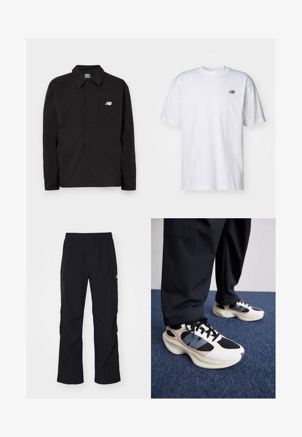 Zwarte nylon jas met een kraagontwerp, voorzien van een borstzak en het New Balance-logo. Glad materiaal en rechte snit.; Witte korte mouwen crew neck T-shirt met klein zwart New Balance-logo op de linkerkant van de borst tegen een effen achtergrond.; Zwarte cargo broek van lichtgewicht materiaal, met een elastische tailleband, zijzakken en een recht gesneden ontwerp.; Witte en zwarte sneakers met textuur overlays en een blauwe accent, voorzien van een chunky zool en zwarte veters, gecombineerd met een zwarte broek.