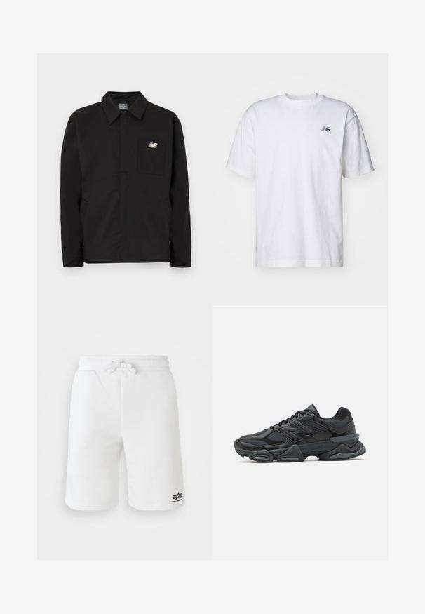 Chaqueta de nailon negra con diseño de cuello, que cuenta con un bolsillo en el pecho y el logo de New Balance. Textura suave y corte recto.; Camiseta blanca de manga corta con cuello redondo y un pequeño logo negro de New Balance en el lado izquierdo del pecho, sobre un fondo simple.; Pantalones cortos de algodón blancos con cintura elástica y cordón. Presentan un logo impreso en la parte inferior izquierda y una textura suave.; Zapatilla de running negra que presenta una combinación de malla y materiales sintéticos, suela gruesa, diseño curvado y una marca prominente en el costado.
