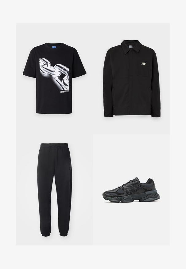 Chaqueta de nailon negra con diseño de cuello, que cuenta con un bolsillo en el pecho y el logo de New Balance. Textura suave y corte recto.; Camiseta de algodón negra con un gráfico blanco de una cadena y el texto "KARL LAGERFELD JEANS" en una fuente moderna y en negrita en la parte inferior.; Pantalones de chándal negros hechos de un material suave, con una cintura elástica, cordón y puños acampanados, con un sutil logotipo en el lateral.; Zapatilla de running negra que presenta una combinación de malla y materiales sintéticos, suela gruesa, diseño curvado y una marca prominente en el costado.
