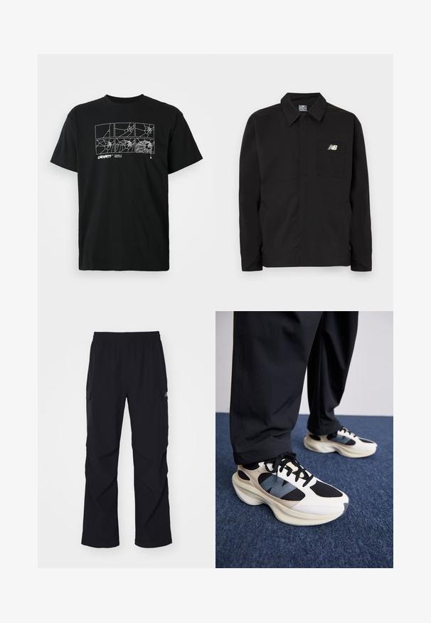 Veste noire en nylon avec un col, dotée d'une poche poitrine et du logo New Balance. Texture lisse et coupe droite.; T-shirt en coton noir avec un motif de toiles d'araignées en dessin linéaire blanc sur la poitrine. Manches courtes et col rond.; Pantalons cargo noirs en matériau léger, dotés d'une taille élastique, de poches latérales et d'une coupe droite.; Baskets blanches et noires avec des superpositions texturées et une touche de bleu, dotées d'une semelle épaisse et de lacets noirs, associées à un pantalon noir.