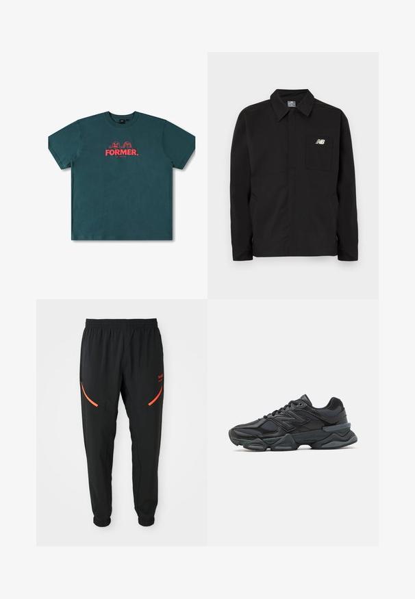 Černá nylonová bunda s límečkem, vybavená náprsní kapsou a logem New Balance. Hladká textura a rovný střih.; Tyrkysové bavlněné tričko s krátkými rukávy, kulatým výstřihem a středovým potiskem s textem "FORMER." a hravými postavami v červené barvě.; Černé sportovní kalhoty s elastickým pasem a manžetami, s šikmými červenými zipovými kapsami a malým červeným textem značky na pravém stehně.; Černá běžecká bota s kombinací síťoviny a syntetických materiálů, masivní podešev, zakřivený design a výrazné logo na boku.
