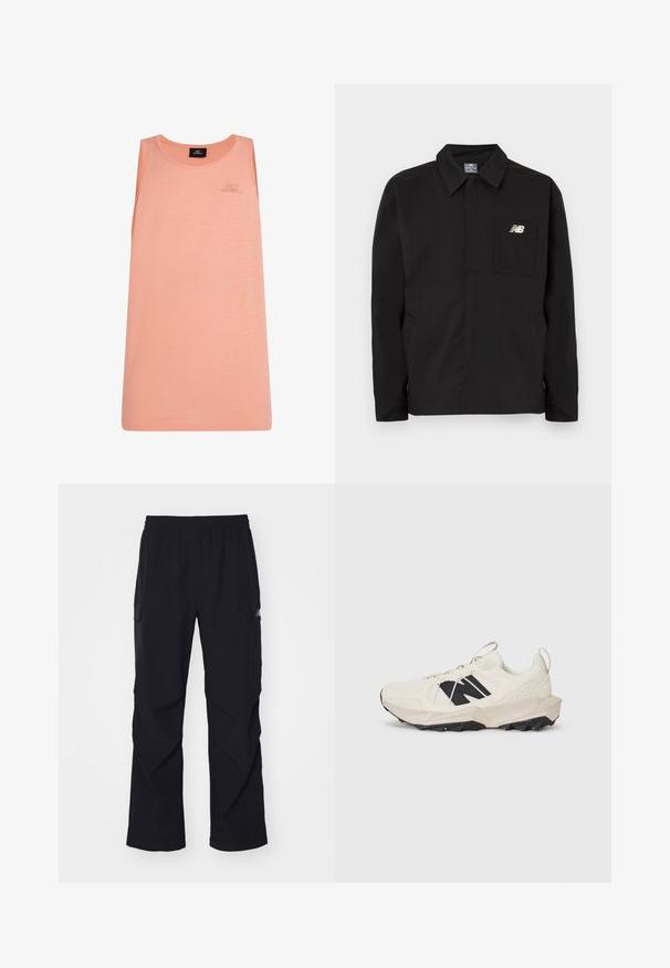 Schwarze Nylonjacke mit Kragen-Design, ausgestattet mit einer Brusttasche und dem New Balance-Logo. Glatte Textur und gerader Schnitt.; Pfirsichfarbene Tanktop aus leichtem Material, mit Rundhalsausschnitt und ohne Ärmel. Subtiles O'Neill-Logo auf der Vorderseite.; Schwarze Cargo-Hosen aus leichtem Material, mit einem Elastikbund, seitlichen Taschen und einem geraden Beinschnitt.; Helle beige Sneaker mit einem Obermaterial aus Mesh, schwarzem Logo und strukturiertem Sohle. Akzentuiert mit einem geometrischen Muster auf der Zwischensohle.