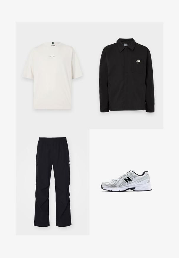 Black nylon jacket with a collared design, featuring a chest pocket and New Balance logo. Smooth texture and straight cut.; Oakley STACKED TEE - Print T-shirt - mist; Black cargo pants made of lightweight material, featuring an elastic waistband, side pockets, and a straight leg design.; Silver athletic shoe with mesh material, black accents, perforated design, and a cushioned white sole. Features a prominent 'N' logo.