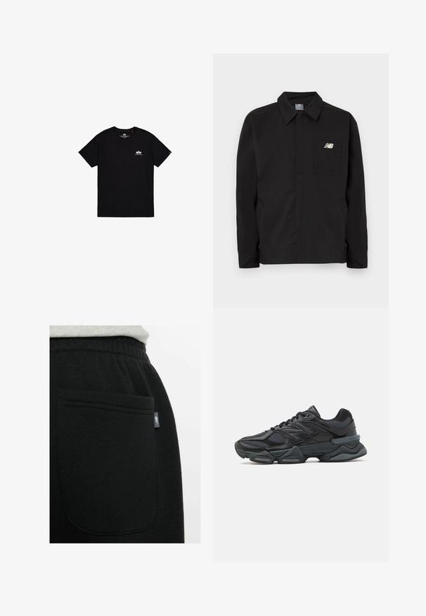 Čierna nylonová bunda s golierovým dizajnom, obsahujúca vrecko na hrudi a logo New Balance. Hladký povrch a rovný strih.; Čierne tričko s krátkym rukávom vyrobené z bavlny. Obsahuje malú bielu nášivku na ľavej hrudi a štítok na bočnom šve. Jednoduchý dizajn.; Detailný záber na čierne textilné nohavice s elastickým pásom a zadnou vreckom, na ktorom je malá štítka s logom New Balance.; Čierna bežecká obuv so zmesou sieťoviny a syntetických materiálov, robustnou podrážkou, zakriveným dizajnom a výrazným logom na boku.