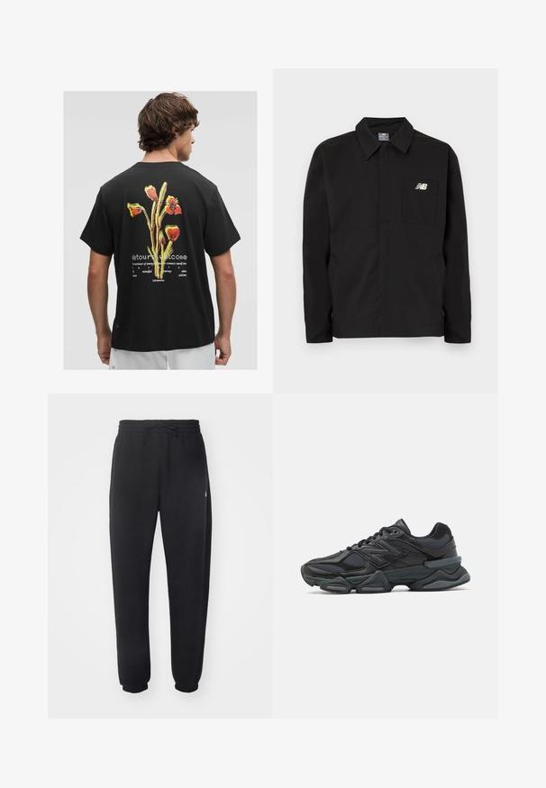 Zwarte nylon jas met een kraagontwerp, voorzien van een borstzak en het New Balance-logo. Glad materiaal en rechte snit.; Zwarte katoenen t-shirt met een kleurrijke bloemenafbeelding op de achterkant, met daaronder witte tekst, en een ronde halslijn. Korte mouwen.; Zwarte joggingbroek van zacht materiaal met een elastische tailleband, trekkoord en taps toelopende manchetten, met een subtiele logo aan de zijkant.; Zwarte hardloopschoen met een mix van mesh en synthetische materialen, een stevige zool, gebogen ontwerp en prominente branding op de zijkant.