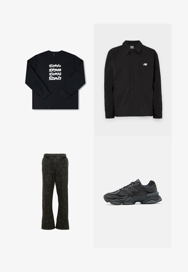 Fekete nylon kabát, galléros kialakítással, mellzsebbel és New Balance logóval. Sima textúra és egyenes szabás.; Fekete, hosszú ujjú pulóver, amelyen fehér, stilizált betűkkel készült, ismétlődő grafikus logó látható az elején. Puha anyagból készült.; Fekete, bő szárú nadrág texturált felülettel, derékpánttal és jellegzetes mintás díszítéssel az oldalon. Lapított elülső rész.; Fekete futócipő, mely háló és szintetikus anyagok keverékéből készült, vastag talppal, ívelt kialakítással és hangsúlyos logóval az oldalon.