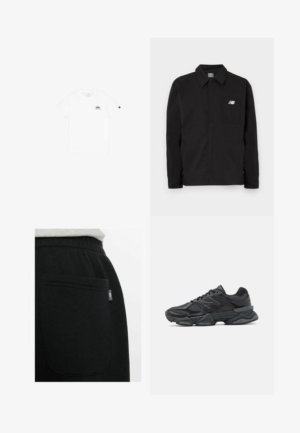 Chaqueta de nailon negra con diseño de cuello, que cuenta con un bolsillo en el pecho y el logo de New Balance. Textura suave y corte recto.; Camiseta blanca de algodón con cuello redondo, mangas cortas y un pequeño logo negro en el lado izquierdo del pecho. Diseño simple y clásico.; Primer plano de pantalones de tela negra con cintura elástica y un bolsillo trasero con un pequeño logotipo de New Balance.; Zapatilla de running negra que presenta una combinación de malla y materiales sintéticos, suela gruesa, diseño curvado y una marca prominente en el costado.