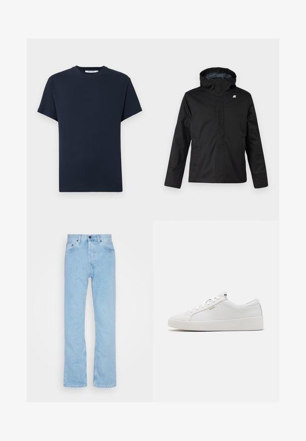 Black waterproof jacket with a hood, featuring a zip front, two side pockets, and a small logo on the chest. Smooth, matte finish.; Dark navy blue short-sleeve t-shirt made from cotton, featuring a round neckline and a relaxed fit. Simple, solid color without patterns.; Light blue denim jeans with straight legs, high waist, and five-pocket design. Features a button fastening and subtle whiskering on the fabric.; BOSS BELWAR - Trainers - white