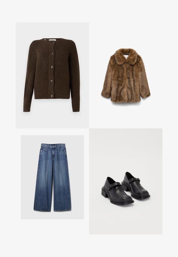 Hnedý umelý kožuch s dlhými rukávmi a širokým golierom, vystavený na jednoduchej bielej prezentácii.; Hnedý pletený kardigán vyrobený z jemného materiálu, s okrúhlym výstrihom, prednými gombíkmi a dlhými rukávmi. Textúrovaný povrch po celom obvode.; Tyrkysová blúzka s golierom, predným zapínaním na gombíky a dlhými rukávmi. Vyrobená z textúrovanej tkaniny s nariasenými manžetami.; Džíny s širokými nohavicami v modrej farbe s vyblednutým povrchom, s gombíkom a zipsom, piatimi vreckami a pútkami na opasok.; Čierne kožené topánky s okrúhlou špičkou, plochou podrážkou a remienkom s detailom pracky. Hrubý blokový opätok pre väčšiu stabilitu.