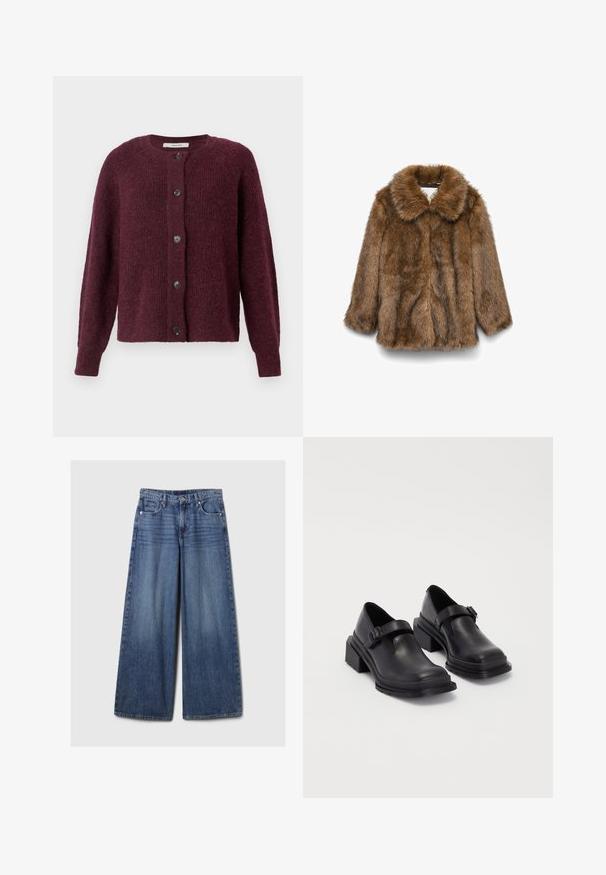 Hnedý umelý kožuch s dlhými rukávmi a širokým golierom, vystavený na jednoduchej bielej prezentácii.; Kardigan v mandarínkovej farbe vyrobený z textúrovanej pleteniny, s okrúhlym výstrihom, dlhými rukávmi a piatimi čiernymi gombíkmi na prednej strane.; Tyrkysová blúzka s golierom, predným zapínaním na gombíky a dlhými rukávmi. Vyrobená z textúrovanej tkaniny s nariasenými manžetami.; Džíny s širokými nohavicami v modrej farbe s vyblednutým povrchom, s gombíkom a zipsom, piatimi vreckami a pútkami na opasok.; Čierne kožené topánky s okrúhlou špičkou, plochou podrážkou a remienkom s detailom pracky. Hrubý blokový opätok pre väčšiu stabilitu.