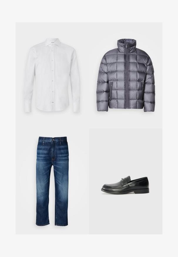 Sivá páperová bunda s vysokým golierom a predným zipsom, s dvoma zipsovými bočnými vreckami a prešívaným štvorcovým vzorom.; Biela košeľa s dlhým rukávom a gombíkovým zapínaním vyrobená z hladkej látky; má klasický golier, gombíkové zapínanie a zaoblený lem.; Tmavomodré rovné džínsy s jemným vyblednutím na stehnách a zapínaním na gombík v páse, vystavené na bielom pozadí.; Čierne kožené loafers s okrúhlou špičkou, majú vyšívaný dizajn, malý predný pultík so zamestnaneckou dekoráciou a plochú gumovú podrážku.