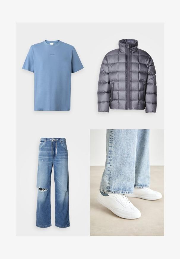 Casaco puffer cinza com gola alta e fecho éclair frontal, apresentando dois bolsos laterais com fecho éclair e um padrão quadrado acolchoado.; T-shirt de algodão azul claro com mangas curtas, decote redondo e discreto logótipo "Calvin Klein" em preto no peito. Textura suave.; Jeans de denim azul claro com um corte largo, apresentando uma cintura com cordão branco e rasgos distintos na parte da frente, mostrando bordas desfiadas.; Ténis brancos com material suave, design de atacadores, sola de borracha texturizada e um detalhe em teal no calcanhar, combinados com jeans azul claro.