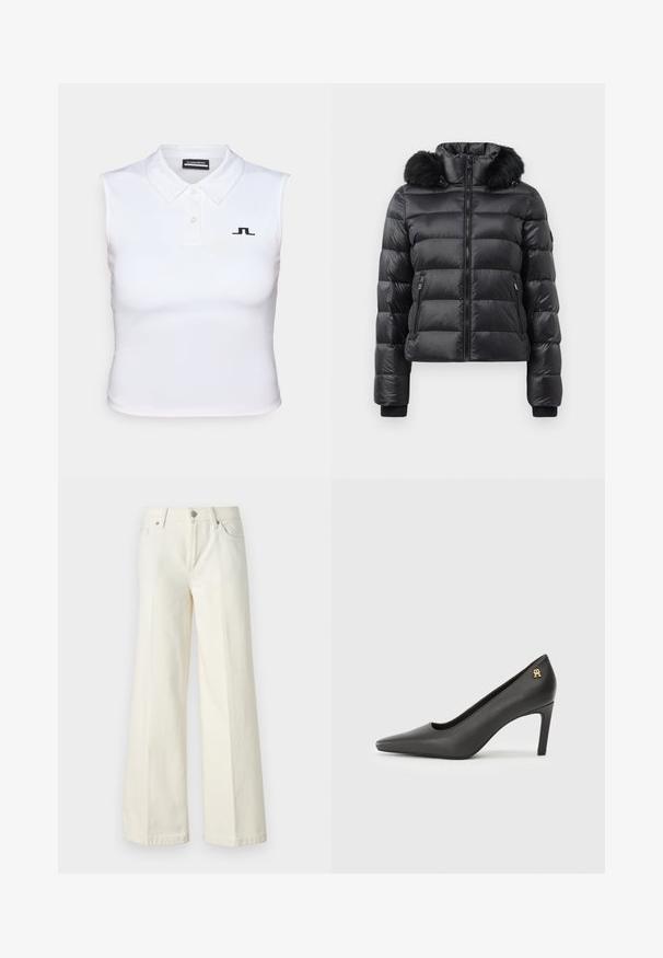 Μαύρο μπουφάν puffer με οριζόντιες ραφές, μπροστινό φερμουάρ, τσέπες με φερμουάρ, ribbed cuffs και αποσπώμενη κουκούλα με μαύρη ψεύτικη γούνα.; Λευκό αμάνικο πόλο μπλουζάκι από λείο ύφασμα, με κλασικό γιακά, τρεις κουμπότρυπες και μικρό μαύρο λογότυπο στο στήθος.; Φαρδιά λευκά τζιν από μείγμα βαμβακιού. Διαθέτουν φερμουάρ, πέντε τσέπες και ραφή κατά μήκος των ραφών.; Μαύρη patent δερμάτινη ψηλή γόβα με μυτερή μύτη, διακοσμημένη με ένα μικρό χρυσό λογότυπο στη φτέρνα. Λείος υφασμάτινος σχεδιασμός, κομψή εμφάνιση.