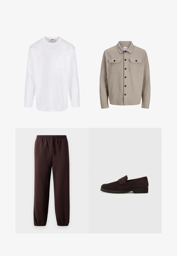 Hele beež särgjakker, mis on valmistatud tekstuurilisest kangast, millel on kraega kaelus, kaks rinna taskut ja mustad nööbid.; Urban Classics HEAVY OVERSIZED - Pikkade varrukatega topp - white; Pruunid jooksupüksid, millel on nööriga vöö, elastsed mansetid ja sile puuvillane materjal. Omavad mugavat lõiget ja minimaalset disaini.; Pruuni sametist loafers madala profiili ja ümarate varvastega. Omab dekoratiivset rihma ülaosas, tasast kummist talda ning nähtamatut õmblust.