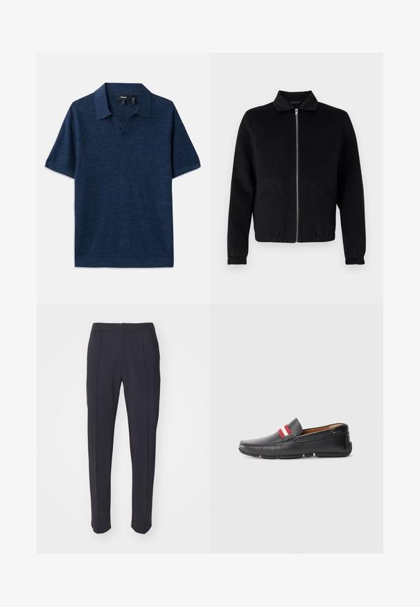 Juodas striukės tipo džemperis su užtrauktuku, apykakle, šoninėmis kišenėmis, ribinėmis rankovėmis ir lygiu audinio paviršiumi. Paprastas, struktūruotas dizainas.; Tamsiai mėlynas polo marškinėliai su trumpomis rankovėmis, v-kaklu, tekstūruotu audiniu ir lygia apykakle. Yra subtilus raštas visame paviršiuje.; Jūrų mėlynės kelnės su pritaikytu dizainu, tiesiu priekiu ir dviem priekinių klostėmis. Pagamintos iš lygaus audinio su standartiniu juosmeniu ir mygtuko uždarymu.; Juodos odinės slip-on tipo bateliai su tekstūruota paviršių, raudonu ir baltu dryžuotu akcentu ant viršaus, apvaliu nosiu ir guminėmis padangomis.