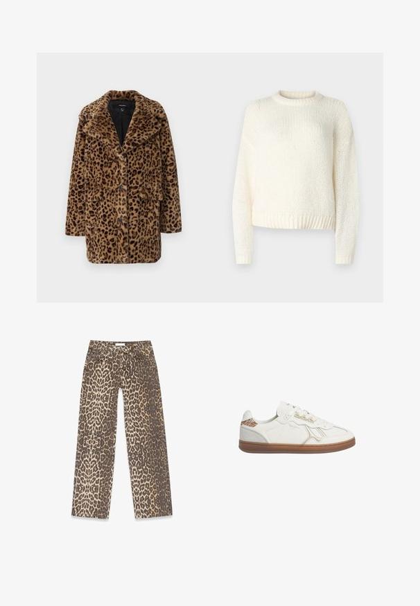 Leopardenprint nepbontjas met een reverskraag, drie knopen aan de voorkant en twee zijzakken. Zachte textuur in bruine en zwarte tinten.; Lichtgewicht gebreide crèmekleurige trui met lange mouwen, een ronde halslijn en geribbelde onderrand. Geverweven stof met een losse, ontspannen pasvorm.; Denim jeans met luipaardprint, gekenmerkt door een neutraal beige en bruin kleurpalet, rechte pijpen en traditionele zakdetails.; Witte sneakers met beige accenten, bruin zool, vetersluiting en glitterdetail op de hiel. Merkenlogo aan de zijkant en op de tong.