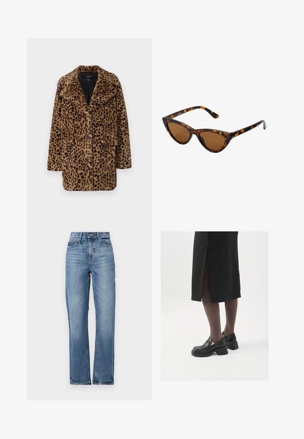 Abrigo de piel sintética de estampado de leopardo con cuello de solapa, tres botones frontales y dos bolsillos laterales. Textura suave en tonos marrones y negros.; Top de cuello alto negro con acanalado, de manga corta, diseño ajustado, textura suave, costuras mínimas y un cuello alto.; Vaqueros de denim de color azul claro con cintura alta, diseño de pierna recta, con un desgaste mínimo y estilo clásico de cinco bolsillos. Presenta un cierre de botón en bronce.; Zapatos de piel negra con punta redondeada, tacón grueso y bloque, y acentos elásticos en los laterales, combinados con unos pantys oscuros y una falda negra con una abertura.; Gafas de sol estilo ojo de gato con montura de carey negra y naranja, lentes marrones y puntas elegantes y afiladas. Presenta un logo minimalista en la patilla.