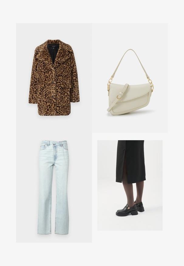 Abrigo de piel sintética de estampado de leopardo con cuello de solapa, tres botones frontales y dos bolsillos laterales. Textura suave en tonos marrones y negros.; Top de tirantes blanco sin mangas hecho de tela acanalada, con un escote redondeado y una silueta ajustada, con costuras mínimas y sin adornos.; Jeans acampanados de mezclilla azul claro con una media cintura, un diseño clásico de cinco bolsillos y costuras visibles a lo largo de los lados y la cinturilla.; Zapatos de piel negra con punta redondeada, tacón grueso y bloque, y acentos elásticos en los laterales, combinados con unos pantys oscuros y una falda negra con una abertura.; Pequeño bolso de mano crema con un acabado texturizado, una correa larga y ajustable, un acento de cadena y cierre de solapa. Detalles en hardware dorado.