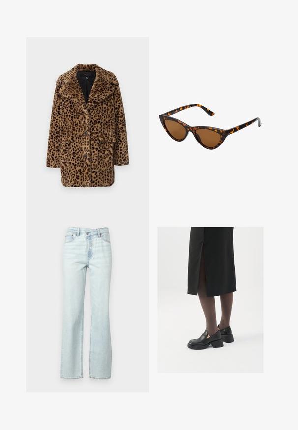 Plaščenka iz umetnega krzna z vzorcem geparda, z ovratnikom, tremi sprednjimi gumbi in dvema stranskima žepoma. Mehka tekstura v rjavih in črnih odtenkih.; Bela brezrokavna majica iz rebraste tkanine, z zaobljenim izrezom in prilegajočim silhueto, z minimalnimi šivi in brez okraskov.; Svetlo modri traperji s flared krojem in srednjim pasom, klasičen pet-pocket dizajn ter vidno šivanje ob straneh in pasu.; Črne usnjene čevlje s zaobljenim prstom, debelim blokastim petama in elastičnimi stranskimi detajli, v kombinaciji s temno nogavicami in črno krilo z razporkom.; Mačje oči sončna očala z okvirom v črno-oranžni želvej ohišji, rjavimi lečami in elegantnimi, ostrimi konicami. Imajo minimalistični logo na ročaju.
