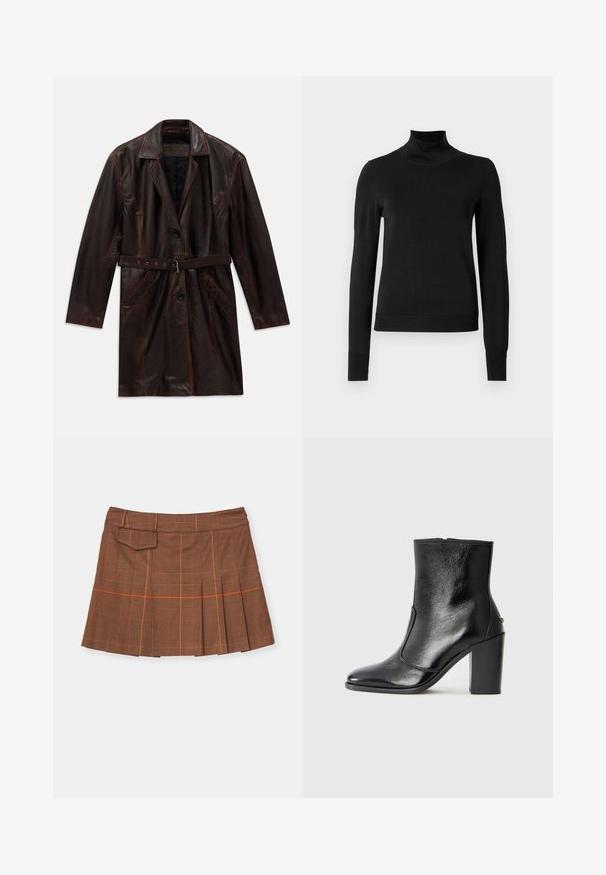 Sötétbarna bőr hosszú kabát, széles gallérral, két elülső zsebbel, fekete gombokkal és egy azonos színű bőr övvel, fémboroszlánnal.; Fekete, hosszú ujjú garbós pulóver bordás mandzsettákkal és aljjal, sima fehér háttér előtt bemutatva.; Barna kockás szoknya, plisszézett dizájnnal, narancssárga részletekkel és oldalsó zsebbekkel. Texturált anyagból készült, fitted derékkal.; Fekete bőr bokacipő sima textúrával, hegyes orral és vastag, magas sarkával. Oldalnyílással és minimalista dizájnnal rendelkezik.