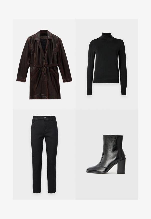 Dark brown leather long coat with notch collar, two front pockets, black buttons, and a matching leather belt with metal buckle.; Black long-sleeve turtleneck sweater with ribbed cuffs and hem, displayed on a plain white background.; Black denim jeans with a straight cut, five-pocket design, and a button closure. Fabric has a smooth texture and slight stretch.; Black leather ankle boot with a smooth texture, pointed toe, and a chunky high heel. Features a side opening and minimalistic design.
