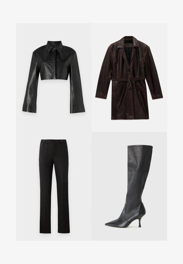 Tmavě hnědý kožený dlouhý kabát s klopovým límcem, dvěma předními kapsami, černými knoflíky a odpovídajícím koženým pásem s kovovou sponou.; Černá zkrácená kožená bunda s límcem a dlouhými rozšířenými rukávy. Obsahuje přední knoflíkové zapínání a hladkou, lesklou texturu.; Černé elegantní kalhoty s rovnými nohavicemi, dvěma předními kapsami, zapínáním na knoflík a sklady na přední straně. Hladká struktura tkaniny.; Černé kožené vysoké boty do kolen s špičatou špičkou a štíhlým jehlovým podpatkem. Hladká textura s přiléhavým střihem a přešitím na horním okraji.