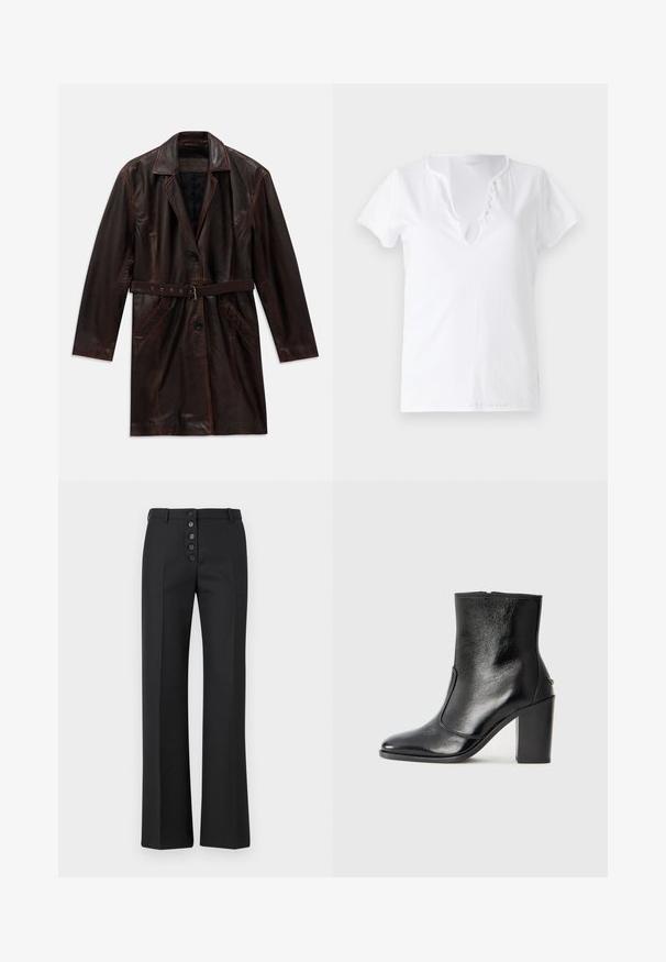 Σκούρο καφέ δερμάτινο μακρύ παλτό με κανονικό γιακά, δύο μπροστινές τσέπες, μαύρα κουμπιά και μια αντίστοιχη δερμάτινη ζώνη με μεταλλική αγκράφα.; Άσπρη βαμβακερή μπλούζα με κοντά μανίκια, χαλαρή γραμμή και V-λαιμόκοψη, που διαθέτει πατιλέτα με πέντε διακοσμητικά κουμπιά.; The Kooples PANTALON - Παντελόνι - black; Μαύρο δερμάτινο μποτάκι έως τον αστράγαλο με απλή υφή, μυτερή μύτη και χοντρό ψηλό τακούνι. Διαθέτει πλαϊνό άνοιγμα και μινιμαλιστικό σχέδιο.