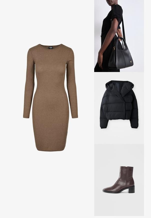 Geacă puffer neagră cu un design scurt, având glugă, textură matlasată și manșete elastice. Stil minimalist și material ușor.; Rochie cu maneci lungi și textură în relief, de culoare maro închis. Are un decolteu rotund și o siluetă ajustată, realizată dintr-o țesătură elastică.; Cizmă de gleznă din piele maro închis, cu vârf pătrat, toc bloc și un logo embosat subtil aproape de vârf, pe un fundal alb simplu.; Geantă de umăr din piele neagră, cu o formă hobo, având o textură netedă, un vârf rotunjit și accente din metal auriu.