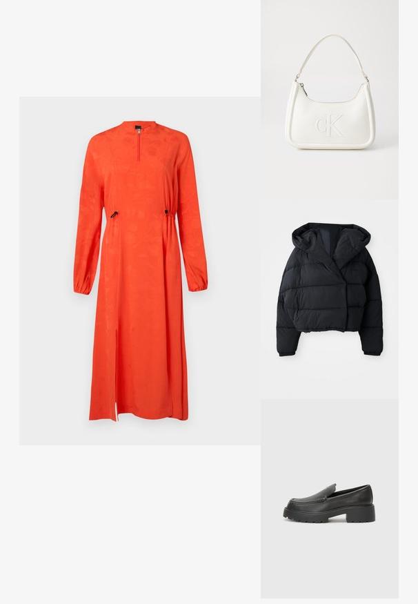 Crna puffer jakna s krojenjem koji se završava iznad struka, sa kapuljačom, kvadratnim uzorkom i elastičnim manžetama. Minimalistički stil i lagani materijal.; Crvena haljina dugih rukava s visokim izrezom, zatvaranjem na patentni zatvarač, elastičnim strukom, bočnim prorezima i teksturiranim cvjetnim uzorkom.; Crne kožne loaferice s zaobljenim vrhom, debelim teksturiranim potplatom i minimalnim detaljima šivanja. Elegantna izrada bez vidljivih vezica ili metalnih elemenata.; Bijela kožna torba s zakrivljenim oblikom, koja na prednjoj strani ima utisnut logotip "CK" i jedan remen za nošenje preko ramena. Zatvaranje na munju na vrhu.
