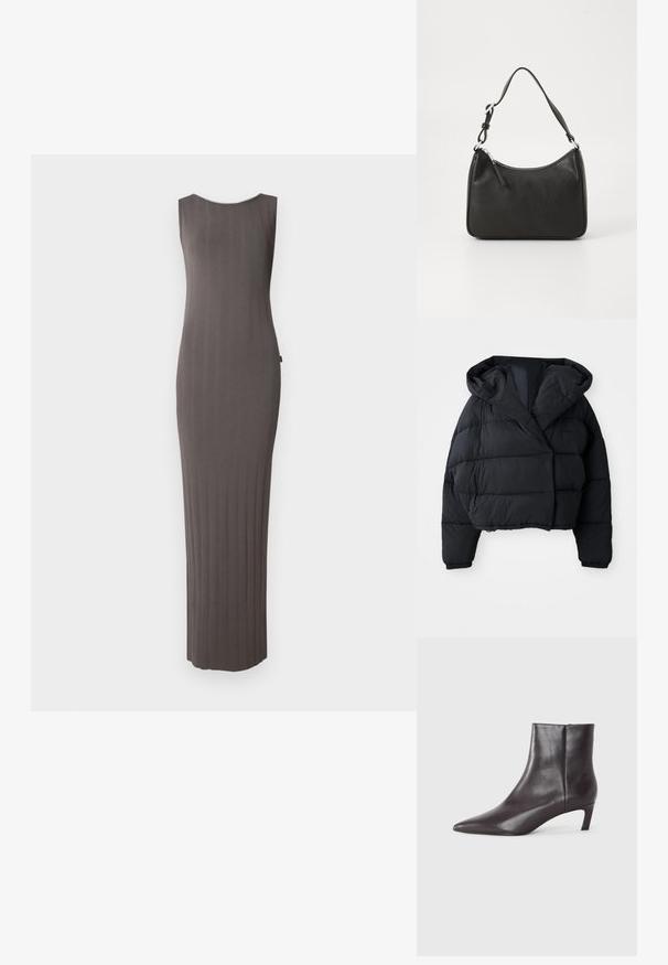 Sort pufferjakke med cropped design, der har hætte, quiltet tekstur og elastiske manchetter. Minimalistisk stil og letvægtsmateriale.; Grå ribbet strikkjole med ærmeløst design, som har en rundet udskæring og en lige, gulvlængde.; Sort læder ankelstøvle med spids tå og lav kittenhæl, glat finish, lynlås i siden, vist på en neutral baggrund.; Sort læderhåndtaske med en buet form, en enkelt rem, lynlås lukning og diskret branding på forsiden. Glat tekstur, minimalistisk design.