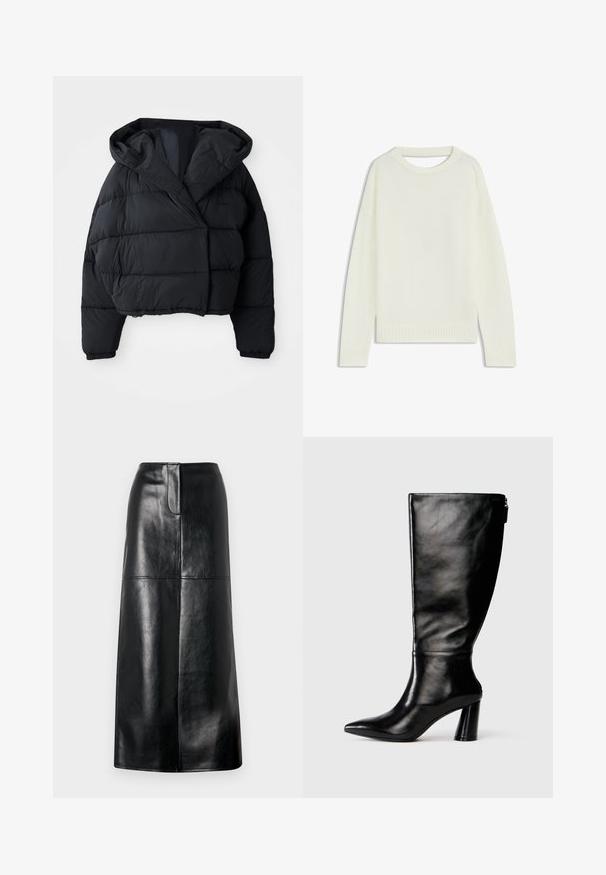 Schwarze Pufferjacke mit einem taillierten Design, ausgestattet mit einer Kapuze, gestepptem Material und elastischen Bündchen. Minimalistischer Stil und leichtes Material.; Hellbeige Pullover mit Rundhalsausschnitt, langen Ärmeln, geripptem Saum und weicher Textur. Keine Muster oder sichtbaren Hardware-Details.; Schwarzer Leder-Midi-Rock mit glatter Textur, geradem Schnitt und subtiler Glanz. Verfügt über einen schlichten Bund und keine sichtbaren Metallteile.; Knöchelhohe schwarze Lederstiefel mit einer spitzen Zehe, glatter Oberfläche und einem klobigen Absatz. Verfügt über einen Reißverschluss hinten.