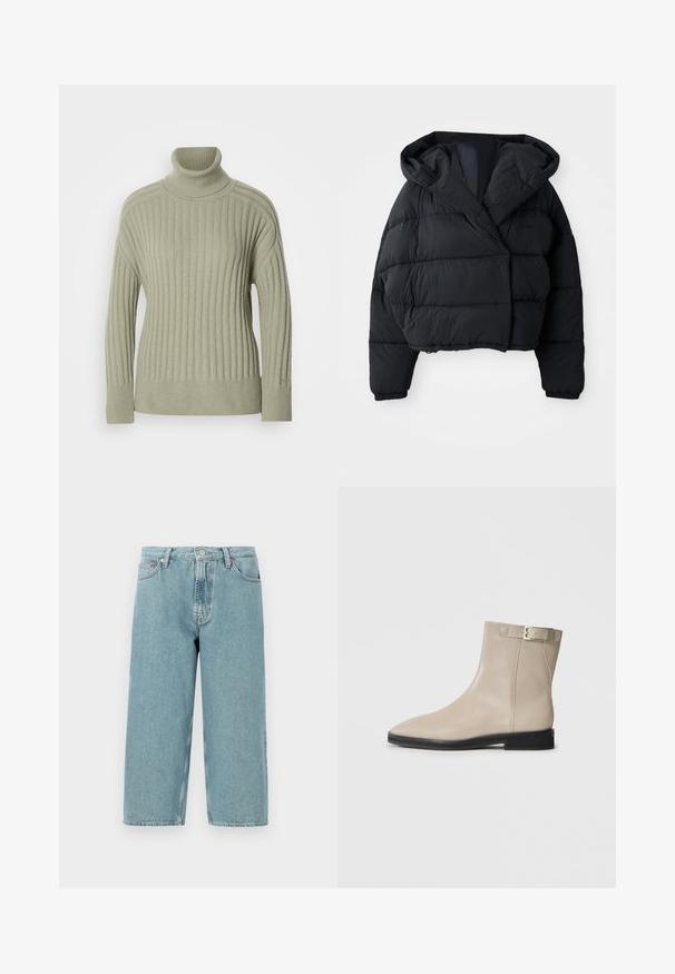 Doudoune noire avec un design court, dotée d'une capuche, d'une texture matelassée et de poignets élastiques. Style minimaliste et matériau léger.; Pull à col roulé vert clair en tissu côtelé. Design à épaules tombantes, détails de couture minimalistes et manches longues.; Shorts en denim bleu clair avec taille haute, coupe droite et ourlet brut. Dispose d'une fermeture classique à bouton et à glissière, ainsi que de quatre poches.; Bottes en cuir beige à la cheville avec un bout pointu, semelle noire, talon bas et une sangle à boucle dorée sur le côté externe, présentées sur un fond blanc.