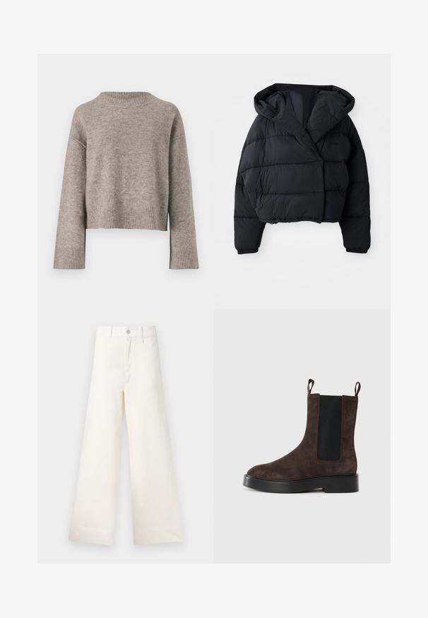 Must must küll, millel on lühendatud disain, kapuuts, tikitud tekstuur ja elastsed mansetid. Minimalistlik stiil ja kerge materjal.; Kergelt pruun lühendatud kampsun pehmest kudumisest, ribastatud kaela- ja varrukate äärtega, lõdva istuvuse ja allalangenud õlgadega.; Laiad püksid heleses puuvillas. Omavad kõrget vööd, ees on taskud ja sirge lõige. Puhtad ääred ilma mustriteta.; Pruun nubukist pahkluu saabas elastsete külgpaneelide ja tõmbenuppudega. Omab ümarat varbaosa ja paksu musta kontsa stabiilsuseks.