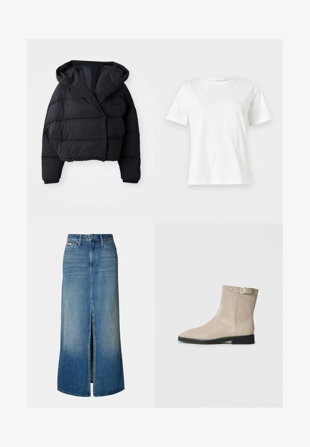 Čierna prešívaná bunda s cropped strihom, s kapucňou, prešívanou textúrou a elastickými manžetami. Minimalistický štýl a ľahký materiál.; Biela bavlnená tričko s krátkymi rukávmi, okrúhlym výstrihom a voľným strihom. Hladká textúra, bez vzorov alebo akcentov, minimalistický dizajn.; Denim maxi sukňa v svetlo modrej farbe s predným rozparkom, pútkami na opasok, tradičným dizajnom s piatimi vreckami a vyblednutým umývaním.; Béžová kožená členková obuv s špicatou špičkou, čiernou podrážkou, nízkym opätkom a zlatým prackovým pásikom na vonkajšej strane, zobrazená na bielom pozadí.