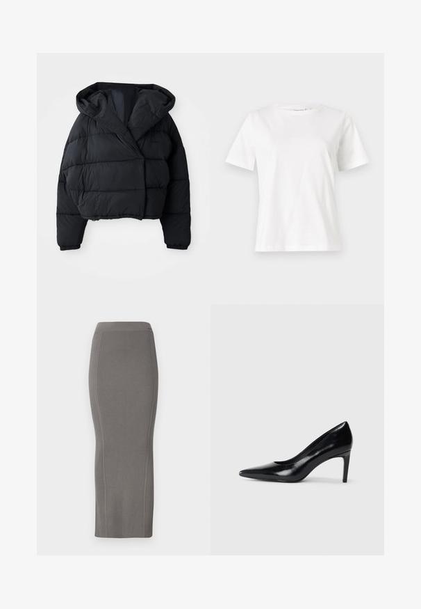 Čierna prešívaná bunda s cropped strihom, s kapucňou, prešívanou textúrou a elastickými manžetami. Minimalistický štýl a ľahký materiál.; Biela bavlnená tričko s krátkymi rukávmi, okrúhlym výstrihom a voľným strihom. Hladká textúra, bez vzorov alebo akcentov, minimalistický dizajn.; Sivá rebrovaná pletená ceruzková sukňa s vysokým pásom, hladkou textúrou, dizajnom po kolená a priliehavým strihom.; Čierna kožená vysoká topánka s ihlovým podpätkom a špičatou špicou, hladkou textúrou a zúženým podpätkom. Minimalistický dizajn, bez ďalších ozdôb.