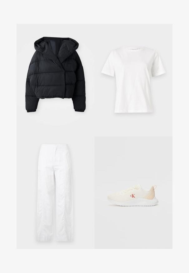Black puffer jacket with a cropped design, featuring a hood, quilted texture, and elastic cuffs. Minimalist style and lightweight material.; White cotton t-shirt with short sleeves, round neckline, and a relaxed fit. Smooth texture, no patterns or accents, minimalistic design.; White wide-leg trousers made of lightweight fabric, featuring a smooth texture, clean lines, and a high waist design.; White mesh sneakers with a textured surface, light beige accents, a raised white sole, and a red "CK" logo on the side.