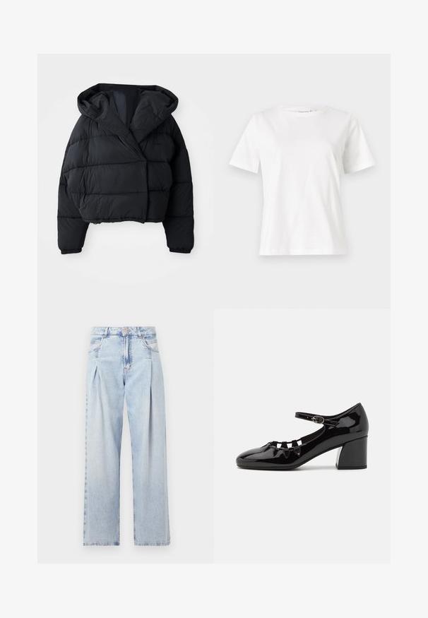 Svart paddlejakke med cropped design, med hette, kviltet tekstur og elastiske mansjetter. Minimalistisk stil og lett materiale.; Hvit bomull t-skjorte med korte ermer, rund hals og avslappet passform. Glatt tekstur, ingen mønstre eller detaljer, minimalistisk design.; Lyseblå denimjeans med høy livlinje, vide ben, to sidelommer og plisserte detaljer. Myk tekstur med en falmet finish.; Sorte patentlærheler med utskåret detalj, justerbar ankelrem og blokkhelt. Glatt, shiny overflate med rund tå.