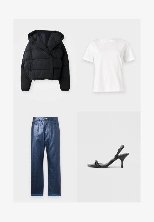 Melna pūkainā jaka ar īsu dizainu, kas aprīkota ar kapuci, quilted tekstūru un elastīgām aprocēm. Minimalistisks stils un viegla materiāla.; Baltas kokvilnas T-krekls ar īsām piedurknēm, apaļu kakla izgriezumu un brīvu piegriezumu. Gluda tekstūra, bez rakstiem vai akcentiem, minimālistisks dizains.; Tumši zila, spīdīga džinsus bikses ar taisnu kāju dizainu. Iezīmē priekšējo pogu aizdari, jostas cilpas un divas priekšējās kabatas.; Melnas ādas augstpapēžu sandales ar plānu, izliekta formas papēdi un krustenisku siksnu dizainu. Regulējama potītes siksna. Gluda tekstūra.