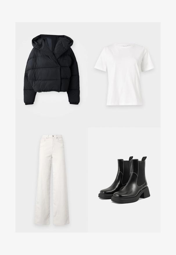 Juodas pūkinis džemperis su apkarpytu dizainu, su gobtuvu, siuvinėta tekstūra ir elastiniais rankovėmis. Minimalistinis stilius ir lengvas audinys.; Balta medvilninė marškinėliai trumpomis rankovėmis, su apvalia iškirpte ir laisvu siluetu. Lygi tekstūra, be raštų ar akcentų, minimalistinis dizainas.; ONLY Tall ONLHOPE GLOBAL HIGH WAIST WIDE - Kelnės - pumice stone; Juodos odinės Chelsea botai su storiu kulnu, elastinėmis šoninėmis panelėmis ir kontrastinga balta siūle. Tekstūruota apdaila.