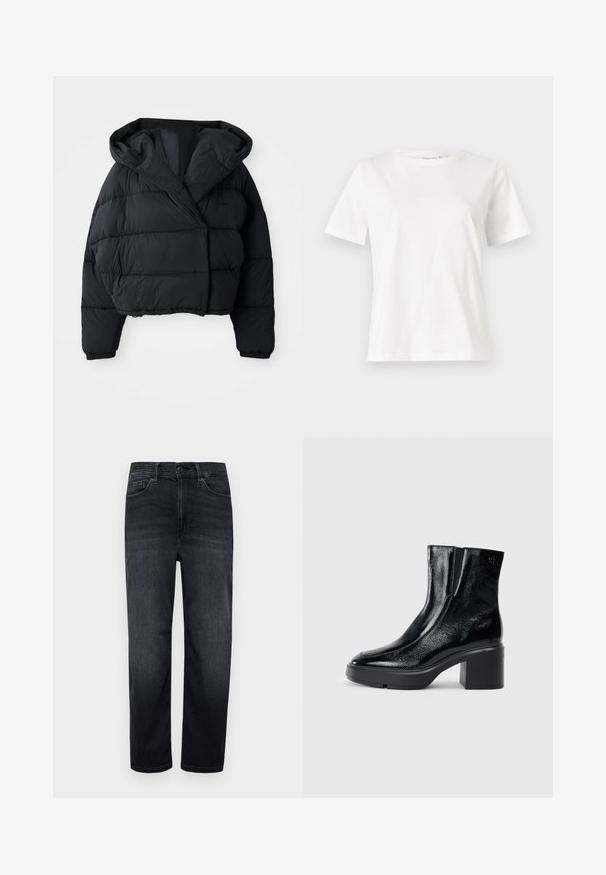 Chaqueta acolchada negra con un diseño corto, que presenta una capucha, textura acolchada y puños elásticos. Estilo minimalista y material ligero.; Camiseta de algodón blanca de manga corta, con cuello redondo y un corte relajado. Textura suave, sin patrones ni acentos, diseño minimalista.; Jeans de mezclilla oscura con un ajuste regular, piernas rectas, bolsillos delanteros, un pequeño bolsillo para monedas y cierre de botón. Textura suave y desvanecido mínimo.; Botas de tobillo de charol negro con puntera curva, paneles laterales elásticos y un tacón ancho. Presentan un logo embosado en la parte posterior.