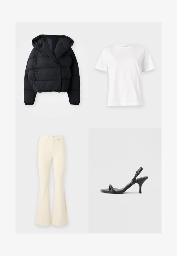 Black puffer jacket with a cropped design, featuring a hood, quilted texture, and elastic cuffs. Minimalist style and lightweight material.; White cotton t-shirt with short sleeves, round neckline, and a relaxed fit. Smooth texture, no patterns or accents, minimalistic design.; Cream-colored flared jeans made from cotton, featuring a high waist, button closure, and clean lines without any visible patterns or accents.; Black leather high-heeled sandals with a slim, curved heel and a crossed strap design. Adjustable ankle strap. Smooth texture.