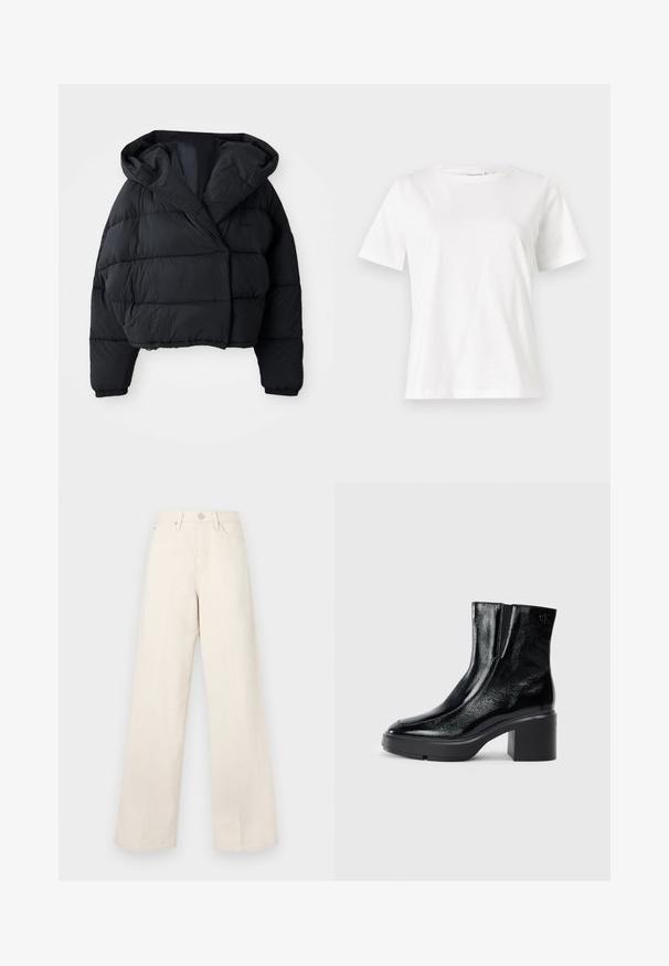 Melna pūkainā jaka ar īsu dizainu, kas aprīkota ar kapuci, quilted tekstūru un elastīgām aprocēm. Minimalistisks stils un viegla materiāla.; Baltas kokvilnas T-krekls ar īsām piedurknēm, apaļu kakla izgriezumu un brīvu piegriezumu. Gluda tekstūra, bez rakstiem vai akcentiem, minimālistisks dizains.; Beige plašas bikses ar augstu jostasvietu, izgatavotas no mīksta, teksturēta auduma. Aprīkotas ar pogu aizdari un priekšējiem kabatām funkcionalitātei.; Melnas lakotas ādas potītes zābaki ar izliekto purngalu, elastīgām sānu paneļiem un masīvu blokveida papēdi. Aizmugurē ir izsistā logo.