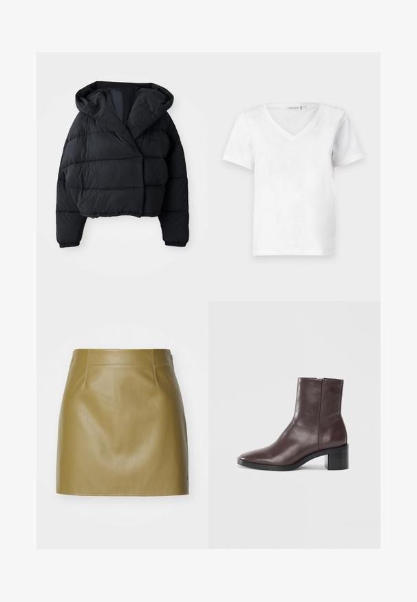 Čierna prešívaná bunda s cropped strihom, s kapucňou, prešívanou textúrou a elastickými manžetami. Minimalistický štýl a ľahký materiál.; Biela krátkospárová tričko s výstrihom do V, vyrobené z bavlny, s jemnou textúrou a klasickým strihom. Štítok viditeľný na výstrihu.; Olive zelená kožená mini sukňa s hladkou textúrou, s dvoma prednými švami a rovný strih, dokončená minimalistickými detailami šitia.; Tmavohnedé kožené členkové topánky so štvorcovou špičkou, blokovým podpätkom a jemne embosovaným logom blízko vrchu na jednobodovom bielom pozadí.